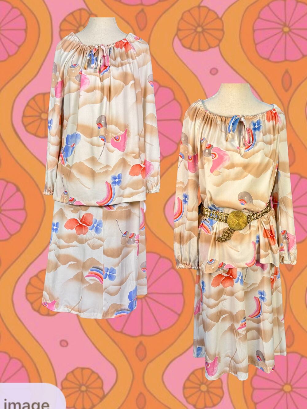 Vintage 70s Boho Hippy Psychedelic Print Peasant Blouse A-line Skirt Set Size 12